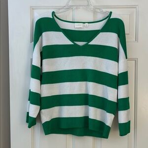 Cyrus Women's V-Neck Sweater in Green and White Stripes
